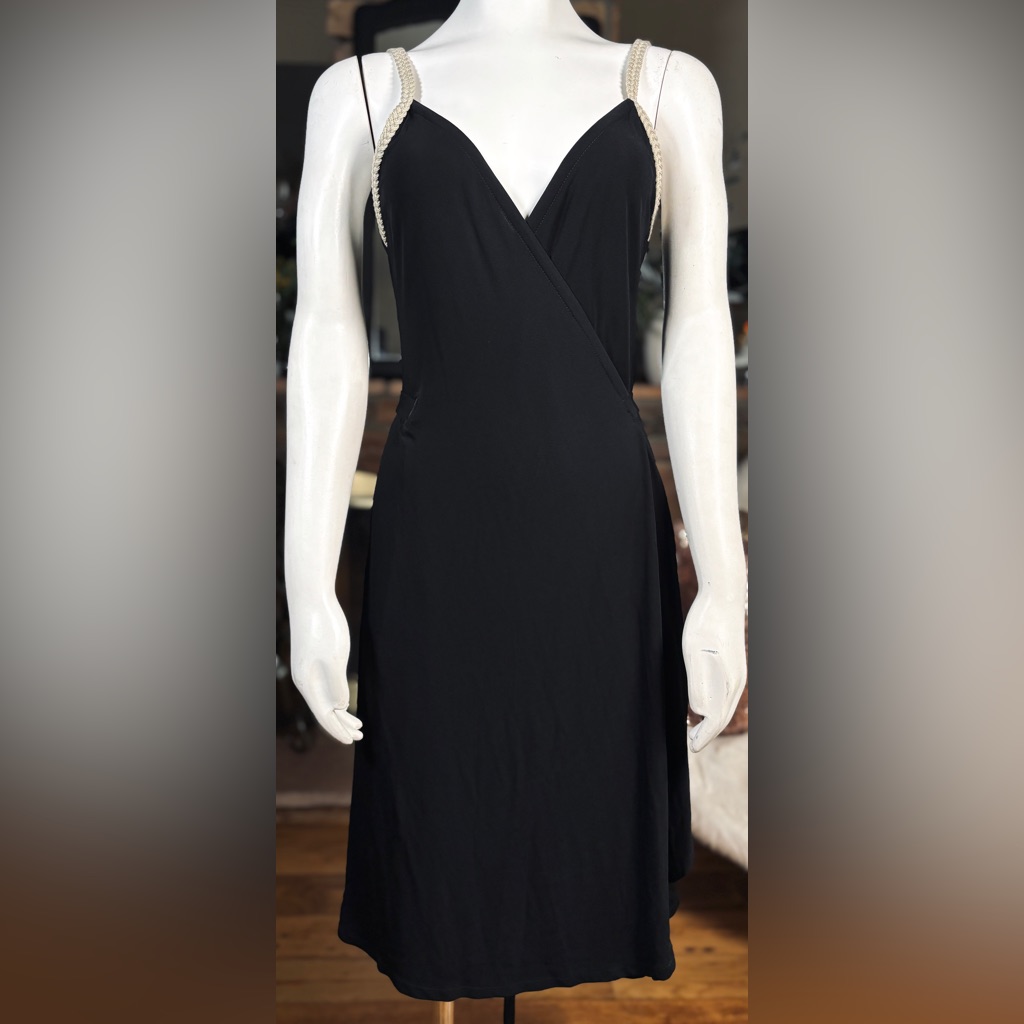 Yigal Azrouel Black Rayon Wrap Dress W/ Open Back & Braided Tan Straps, Sz M